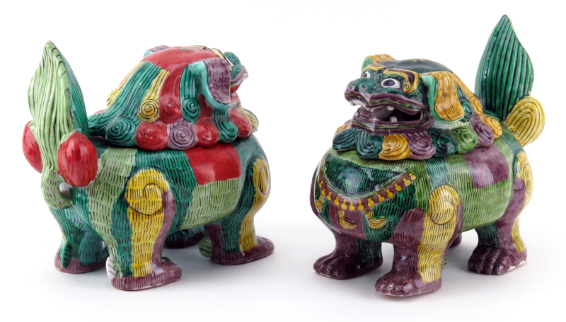 Pair of Antique Chinese Painted Porcelain Foo Dog Censors