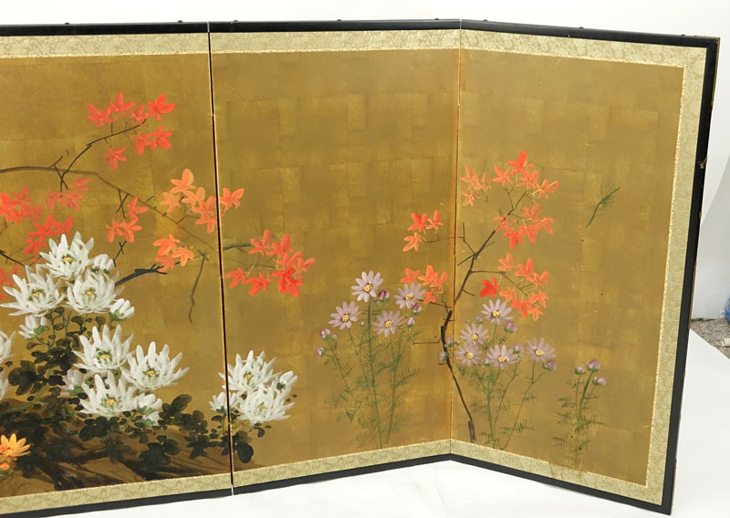 20th Century Japanese Four Panel Screen with Floral Decoration