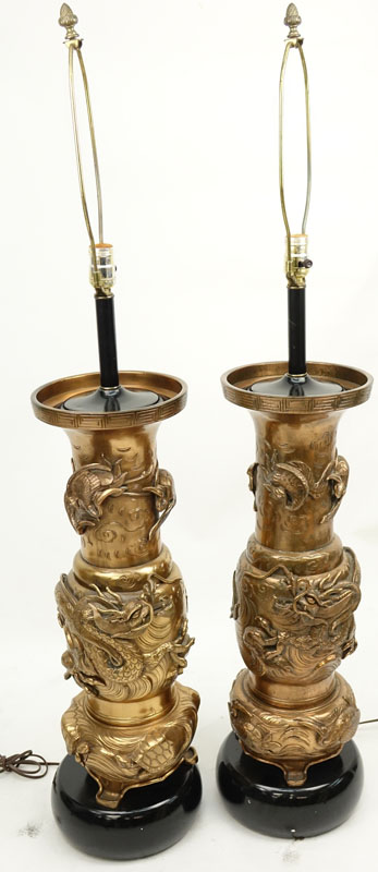 Pair of Late 19th Century Bronze Dragon and Cranes Relief Vases Mounted as Lamps