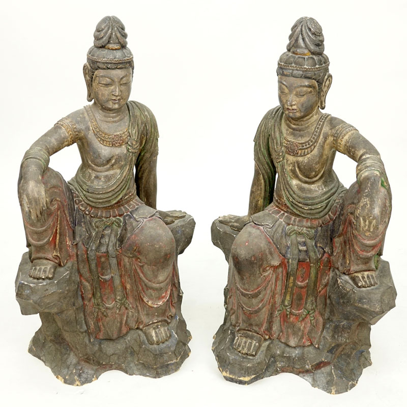 Pair Of Modern Asian Polychrome Carved Wood Buddha Figures