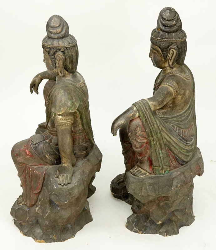 Pair Of Modern Asian Polychrome Carved Wood Buddha Figures