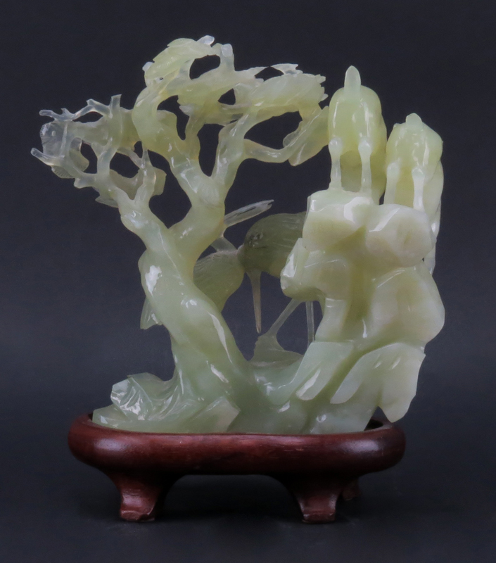 20th Century Chinese Carved Serpentine Bird Group on Wood Stand