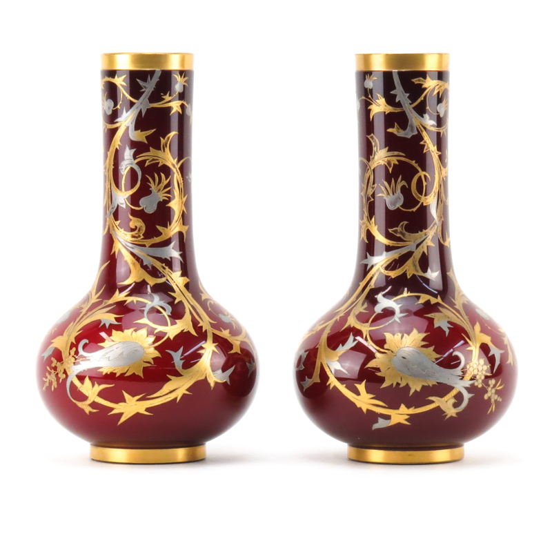 Pair of Antique French Rouge Opaline Glass Gilt Hand Painted Vases