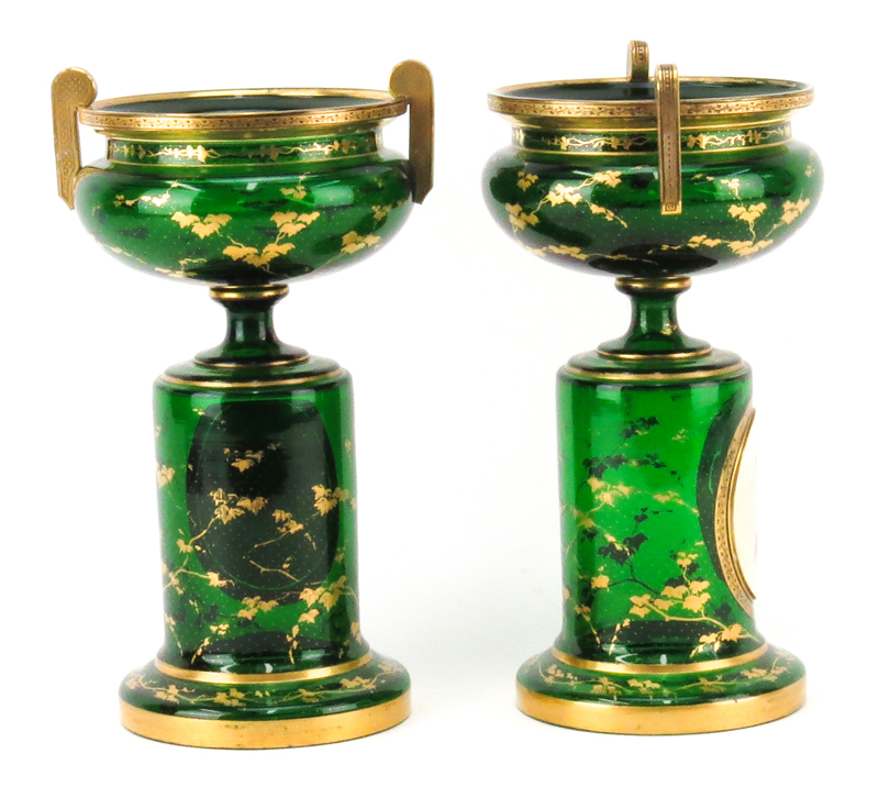 Pair of 19th Century Bohemian Emerald Green and Gilt Portrait Urns