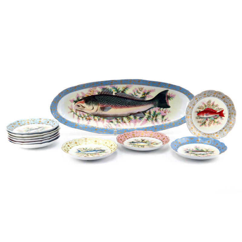 Antique Eleven (11) Piece Carlsbad Austria Gilt Hand Painted Porcelain Fish Serving Set