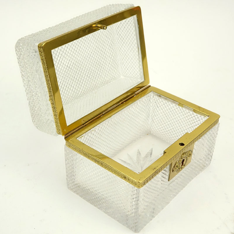 Vintage French Bronze Mounted Diamond Point Crystal Box, Probably Baccarat