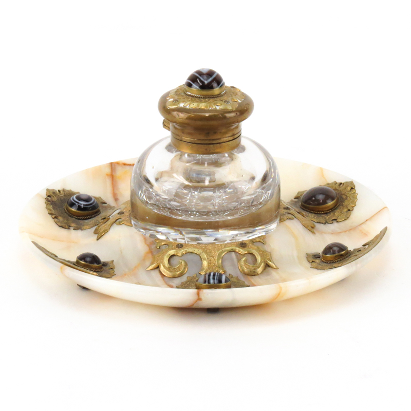 Antique Brass and Agate Inkwell