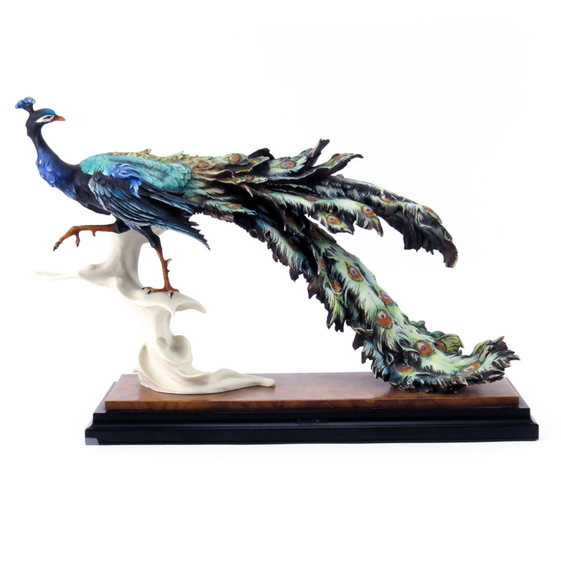Limited Edition Giuseppe Armani Peacock Figurine Mounted on Wooden Base