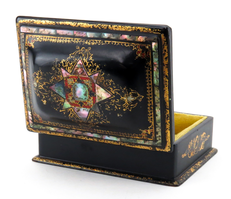 19th Century English Black Lacquered and Mother of Pearl Inlaid Stationary Box