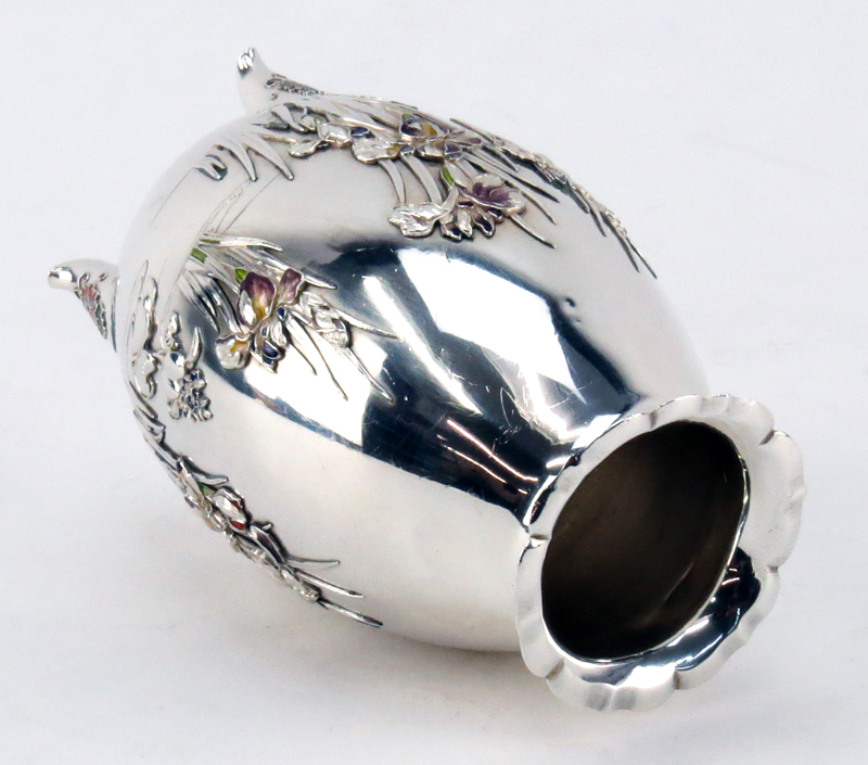 Japanese Meiji Sanju Saku Enameled Silver Footed Ovoid Vase.