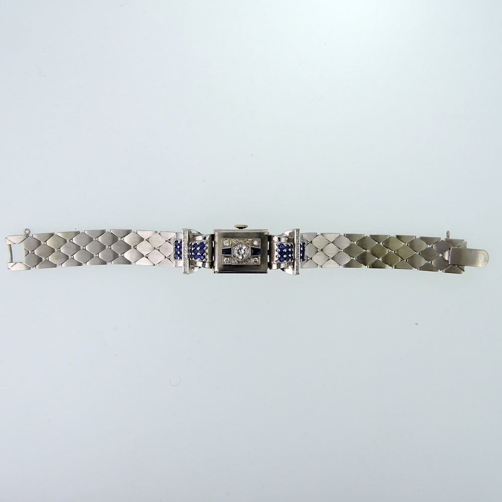 Lady's Circa 1940's Retro Approx. .75 Carat Diamond, 1.00 Carat Sapphire and 14 Karat White Gold Bracelet Watch.