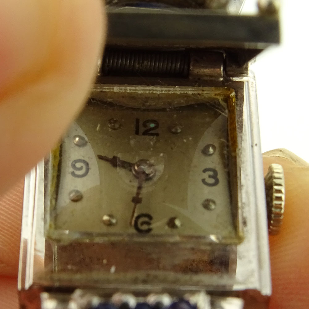 Lady's Circa 1940's Retro Approx. .75 Carat Diamond, 1.00 Carat Sapphire and 14 Karat White Gold Bracelet Watch.