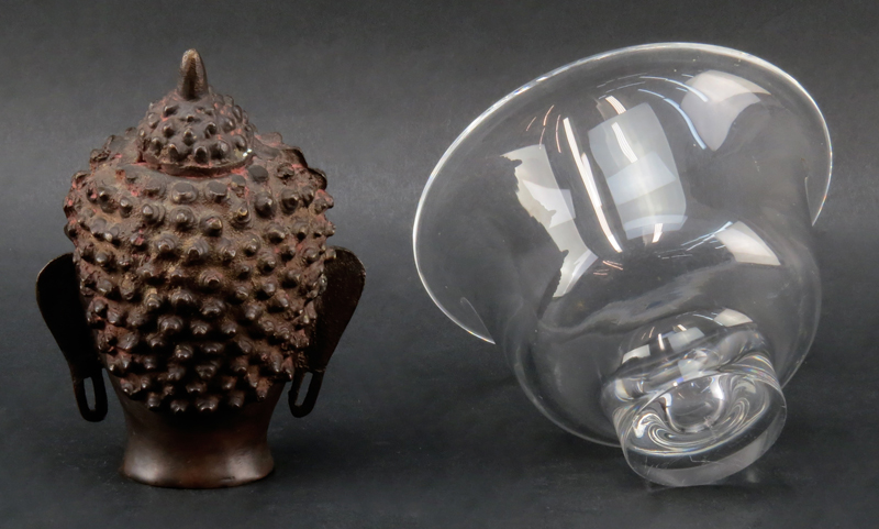 Grouping of Steuben Crystal Dish and Vintage Bronze Buddha Sculpture