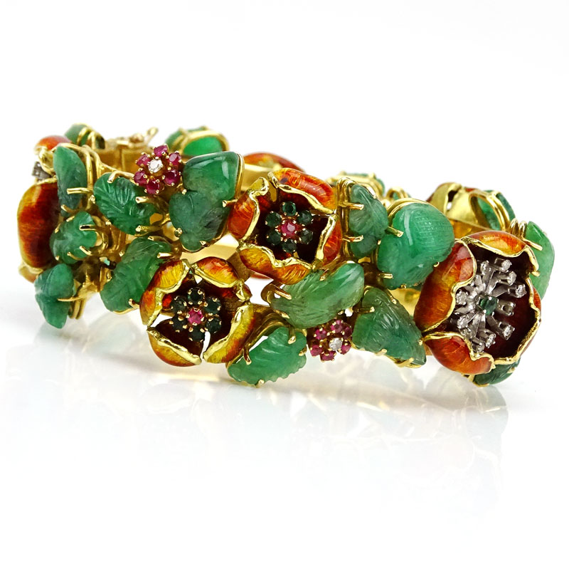 Vintage Carved Emerald, Diamond, Ruby, Emerald, Enamel and Heavy 18 Karat Yellow Gold Bracelet