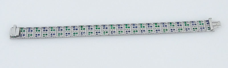 4.19 Carat Round Brilliant Cut Diamond,  4.30 Carat French Cut Sapphire, 3.25 Carat French Cut Emerald and Platinum Bracelet.
