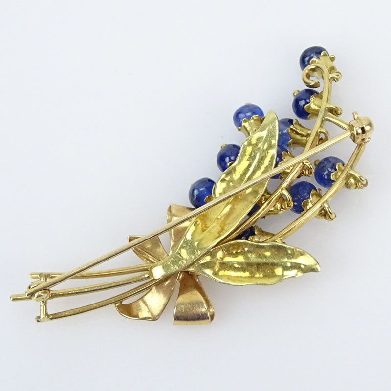 Vintage Cabochon Sapphire and 18 Karat Yellow Gold Floral Spray Brooch