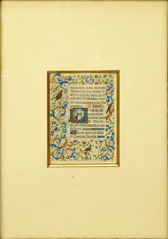 Early Hand Painted Illuminated Manuscript in finely carved and giltwood 19th Century Frame