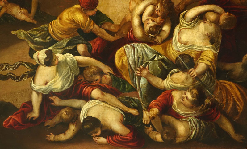 17th Century Italian Old Master Oil On Canvas, Possibly Follower Of Andrea Schiavone, Italian (born circa 1500-1563) "Massacre Of The Innocents" Unsigned