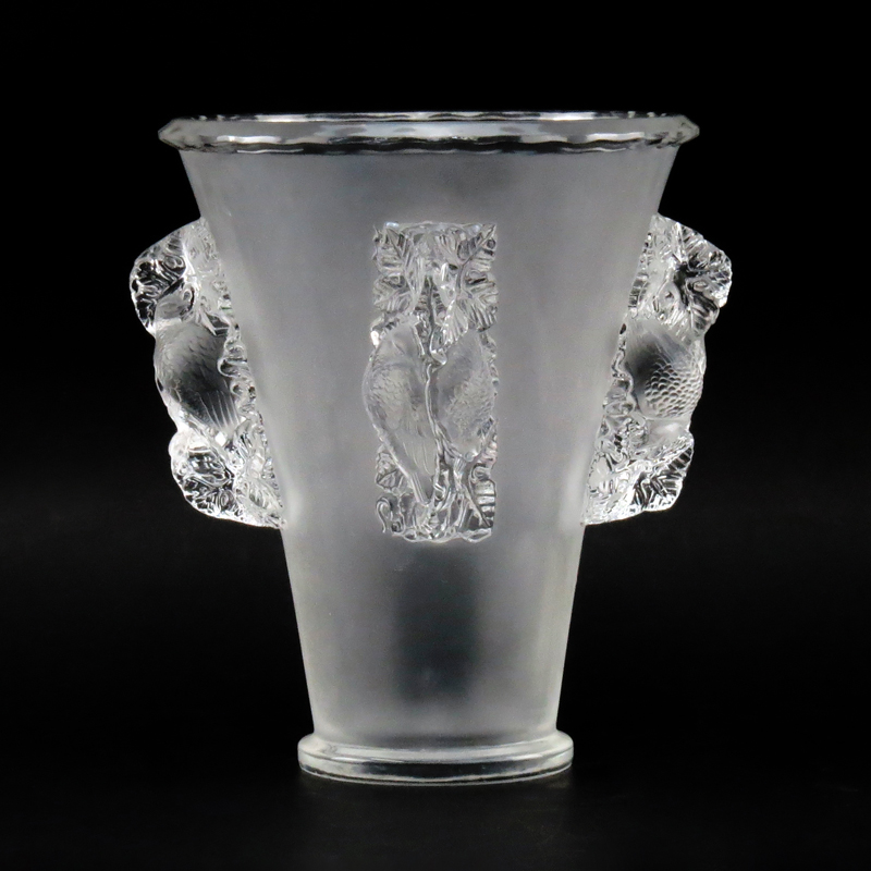 Vintage Lalique France "Saint-Emilion" Frosted and Clear Vase with Applied Birds