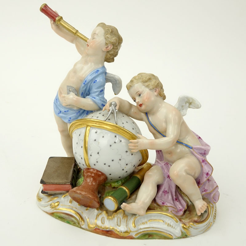 Circa 1860s Meissen Hand Painted Porcelain Cherub Astronomers Group