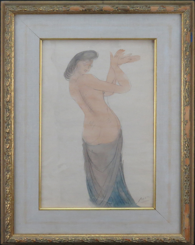 Auguste Rodin, French  (1840-1917) "Nude Dancer" Watercolor, Gouache, and Pencil on Paper Signed Lower Right