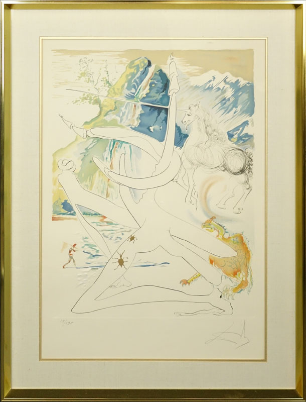 Salvador Dalí, Spanish (1904-1989) Circa 1974 Drypoint Etching and Lithograph in Colors, The conquest of the cosmos: the unicorn laser disintegrates the horns of cosmic rhinoceroses