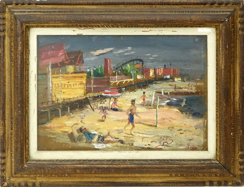 Louis Bosa, American  (1905 - 1981) Oil on board "Coney Island" Signed lower right, old gallery label en verso