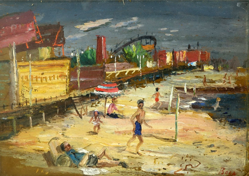 Louis Bosa, American  (1905 - 1981) Oil on board "Coney Island" Signed lower right, old gallery label en verso