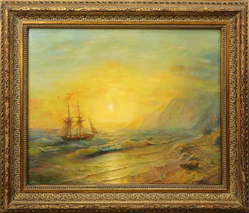 Russian Oil on Canvas, Ship at Sunset