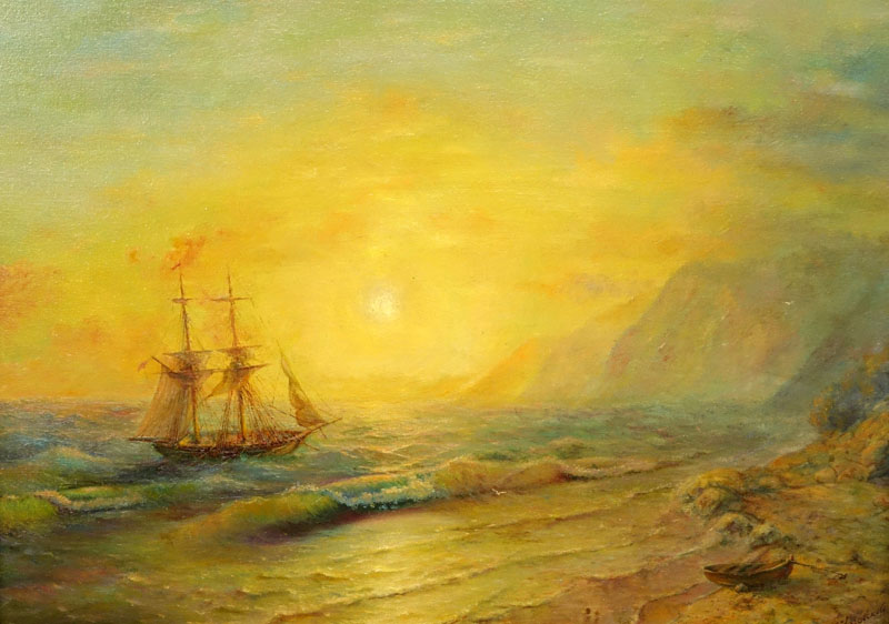 Russian Oil on Canvas, Ship at Sunset
