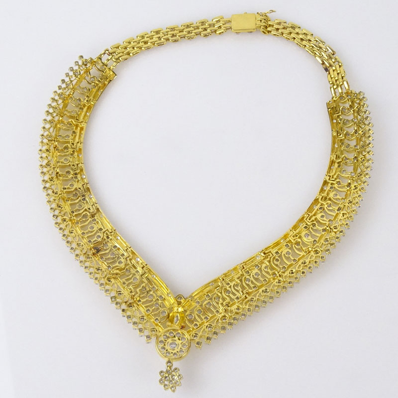15.40 Carat Round Brilliant Cut Diamond and Heavy 18 Karat Yellow Gold Bib Necklace.