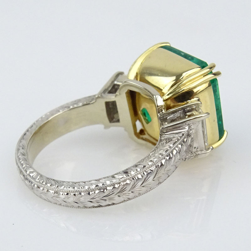  12.02 Carat Colombian Emerald, 1.10 carat Baguette Cut Diamond and 18 Karat Yellow and White Gold Ring. 