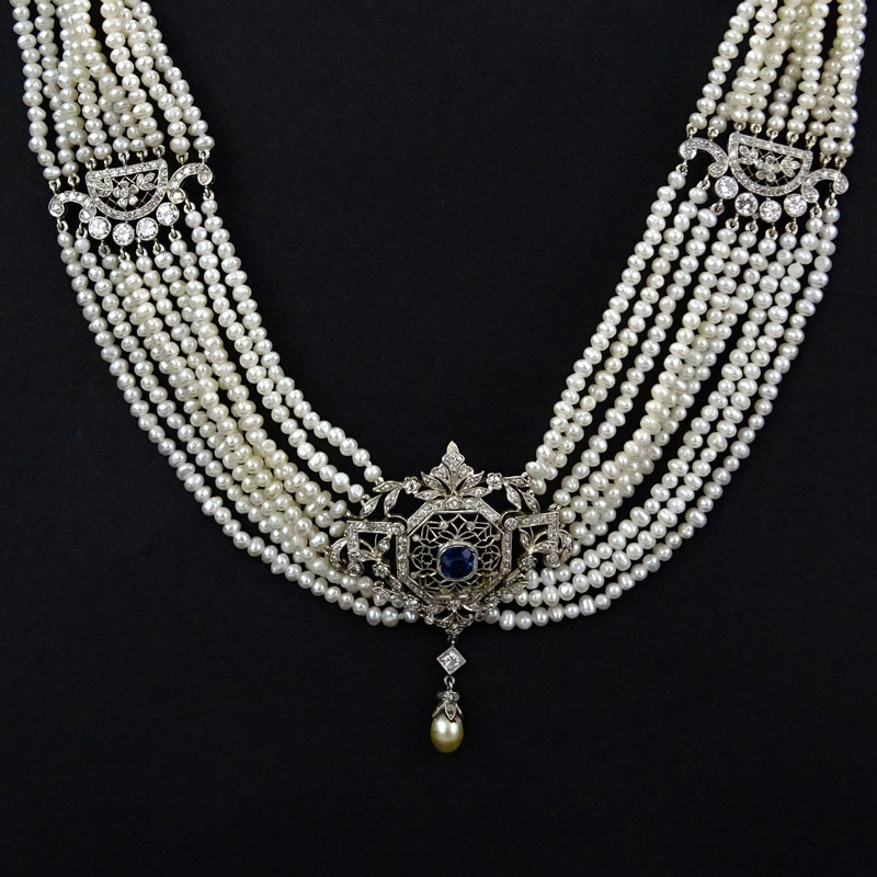 5.0 Carat Diamond, 1.0 Carat Sapphire, Pearl, 18 Karat Yellow Gold and Platinum Necklace. 