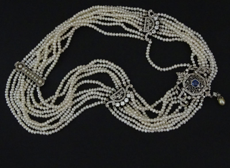  5.0 Carat Diamond, 1.0 Carat Sapphire, Pearl, 18 Karat Yellow Gold and Platinum Necklace. 