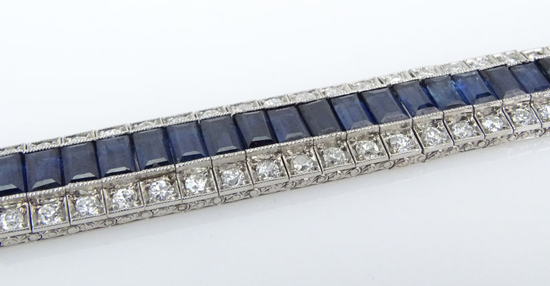  21.0 Carat Emerald Cut Sapphire, 6.50 carat Round Brilliant Cut Diamond and Platinum Bracelet. 