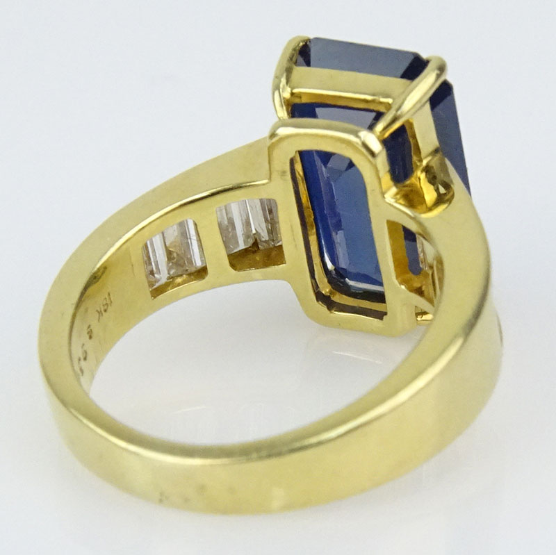 9.32 Carat Emerald Cut Sapphire, 2.05 Carat Baguette Cut Diamond and 18 Karat Yellow Gold Engagement Ring.