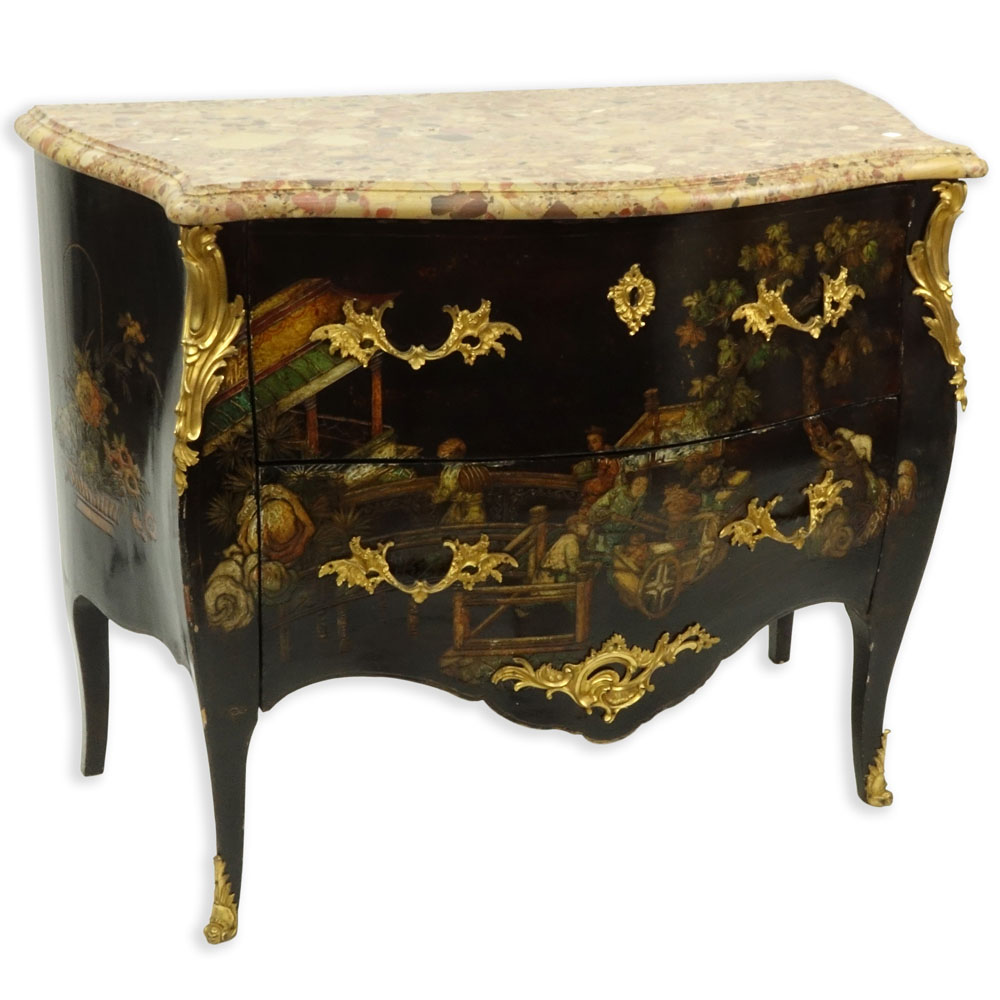 19th Century Louis XV  Bronze Mounted Lacquered Two Drawer Marble Top Commode