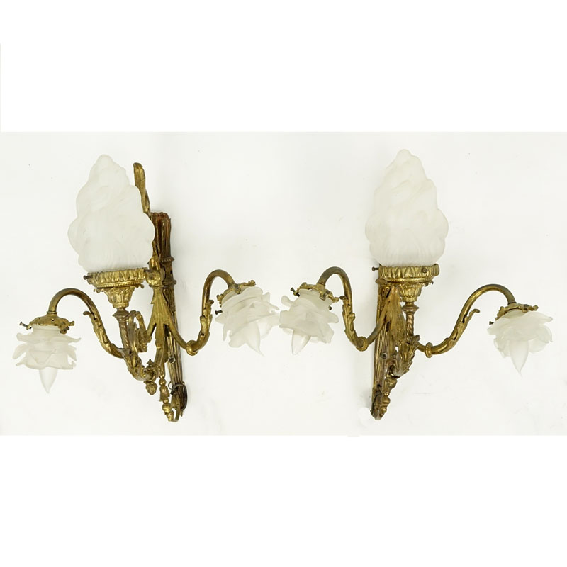 Pair of 19th Century Gilt Bronze 3 Light Wall Sconces with Frosted Glass Shades