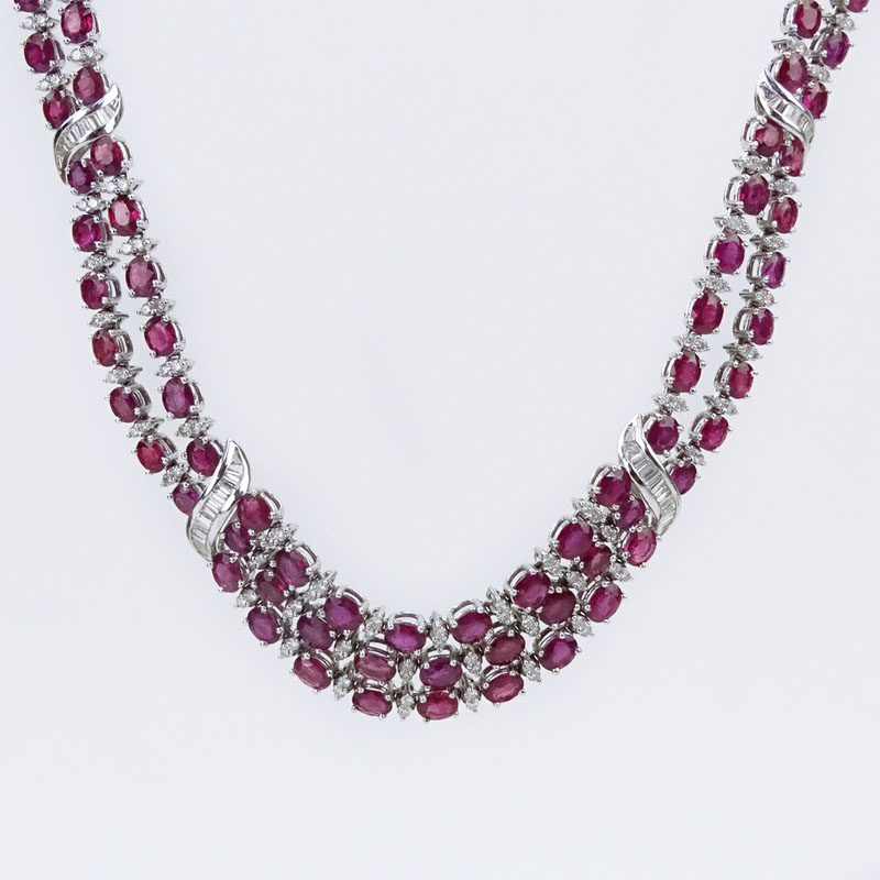 45.0 Carat Oval Cut Burma Ruby, 4.65 Carat Diamond and 18 Karat White Gold necklace. 