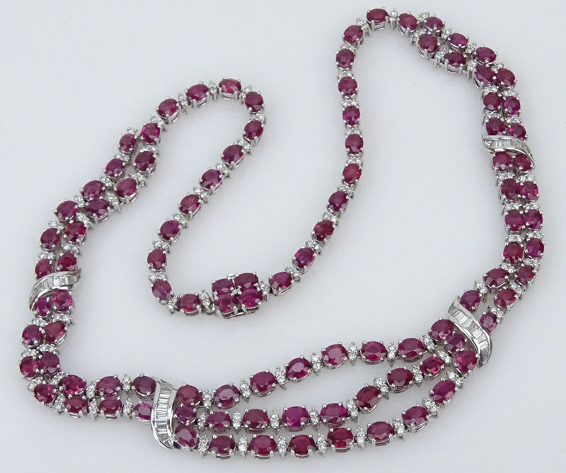 45.0 Carat Oval Cut Burma Ruby, 4.65 Carat Diamond and 18 Karat White Gold necklace. 