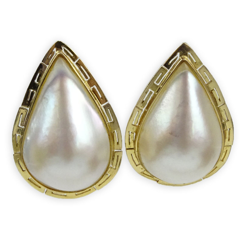 Vintage Large Mabe Pearl  and 14 Karat Yellow Gold Earrings