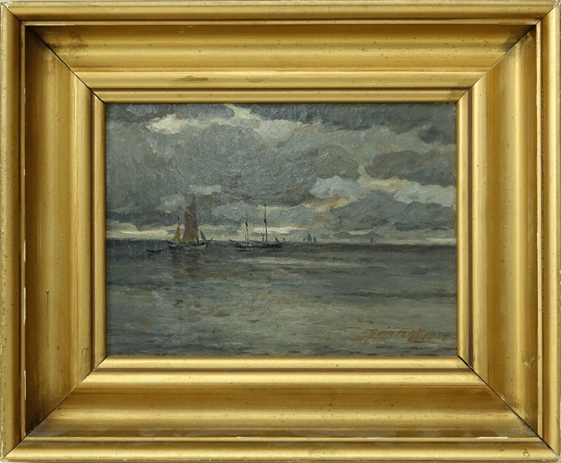 Victor Hugo Vilhelm Qvistorff, Danish (1883  - 1953) Oil on masonite "Sailing Ships On A Gray Day" Signed and dated 1930 lower right