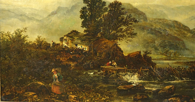 After: John Constable, British (1776-1837) Oil on Canvas "Old Cottage Near River Bank" Signed and Dated 1776 Lower Right
