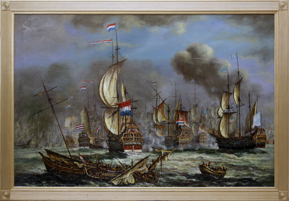 Palace Size Oil on Board, 1652-1674 Anglo-Dutch Wars Naval Battle Scene, Signed Lower Left