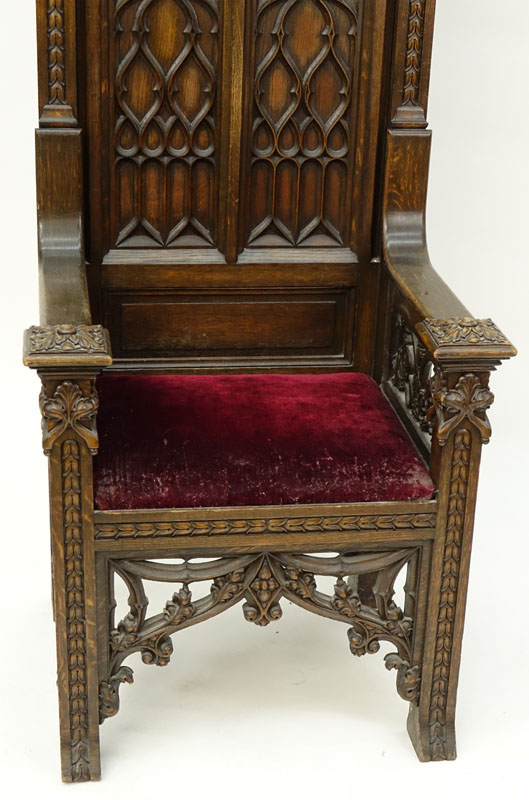 19th Century Gothic Revival Carved High Back  Chair with Velvet Seat