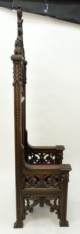 19th Century Gothic Revival Carved High Back  Chair with Velvet Seat