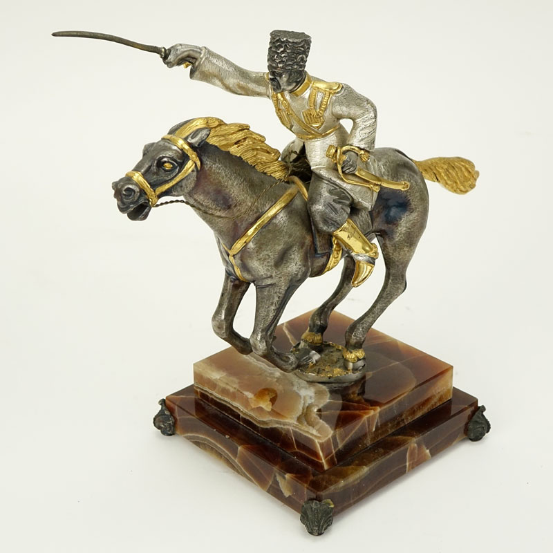 Giuseppe Vasari Silvered and Gilt Bronze Figurine "The Cossack" On Onyx Base