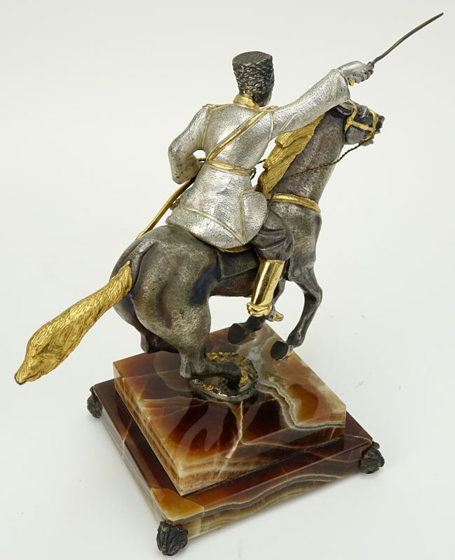 Giuseppe Vasari Silvered and Gilt Bronze Figurine "The Cossack" On Onyx Base