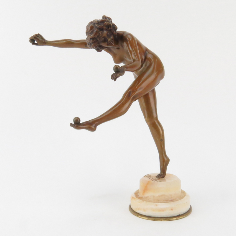 Claire Colinet, Belgian (1880-1950) Art Deco Bronze Nude "Balancing Act" Figure on Onyx Base