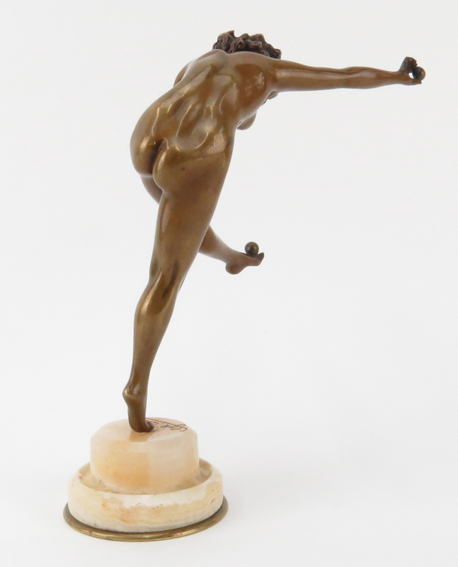 Claire Colinet, Belgian (1880-1950) Art Deco Bronze Nude "Balancing Act" Figure on Onyx Base